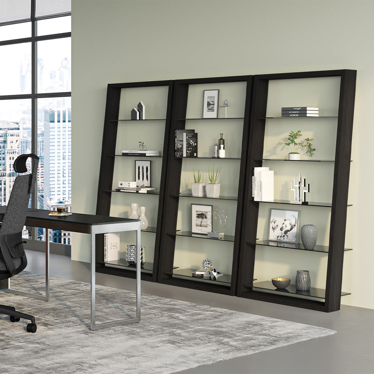 BDI Eileen 2.0 5166 Leaning Shelf with Grey-Tinted Glass Shelves (Charcoal Stained Ash)