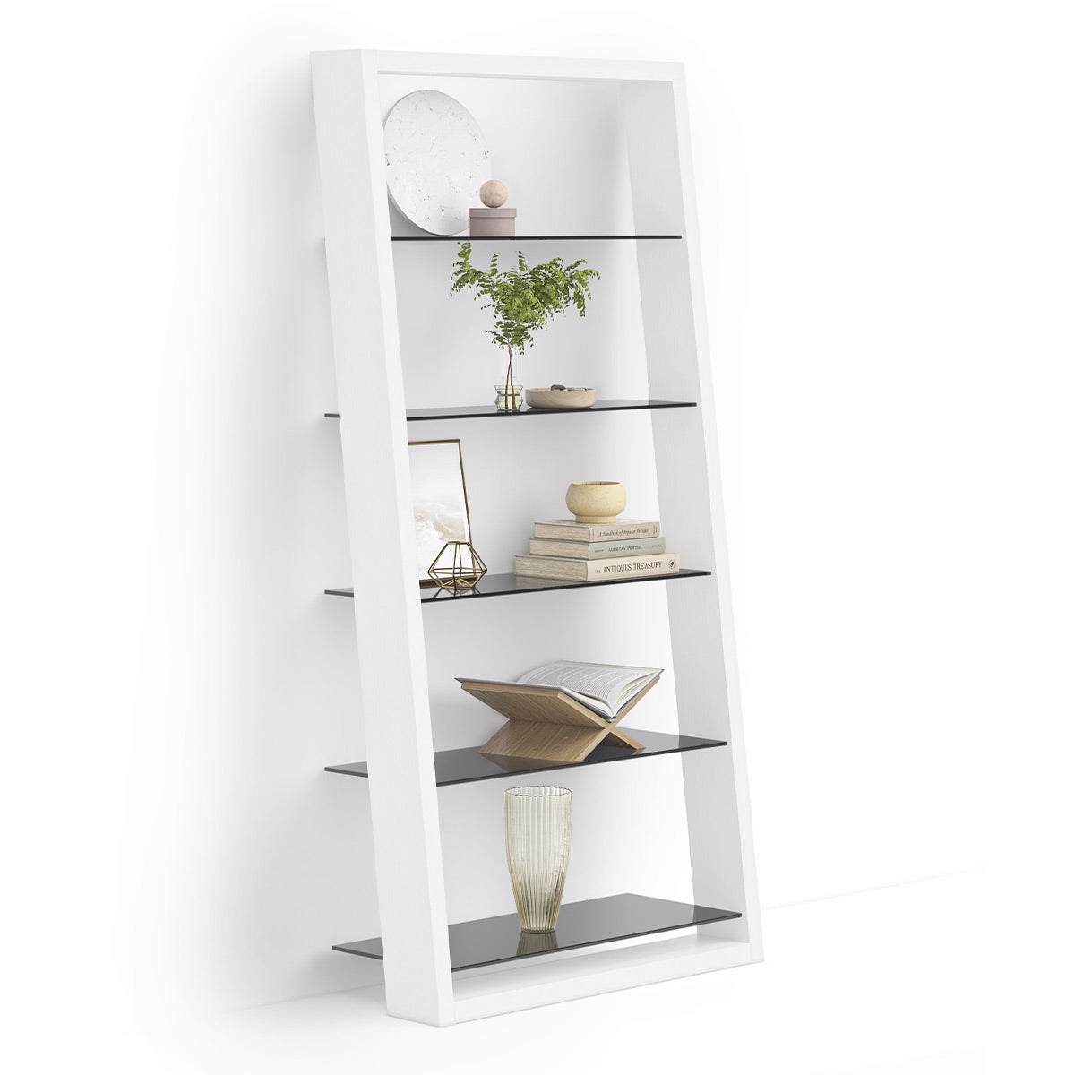 BDI Eileen 2.0 5166 Leaning Shelf with Grey-Tinted Glass Shelves (Satin White)