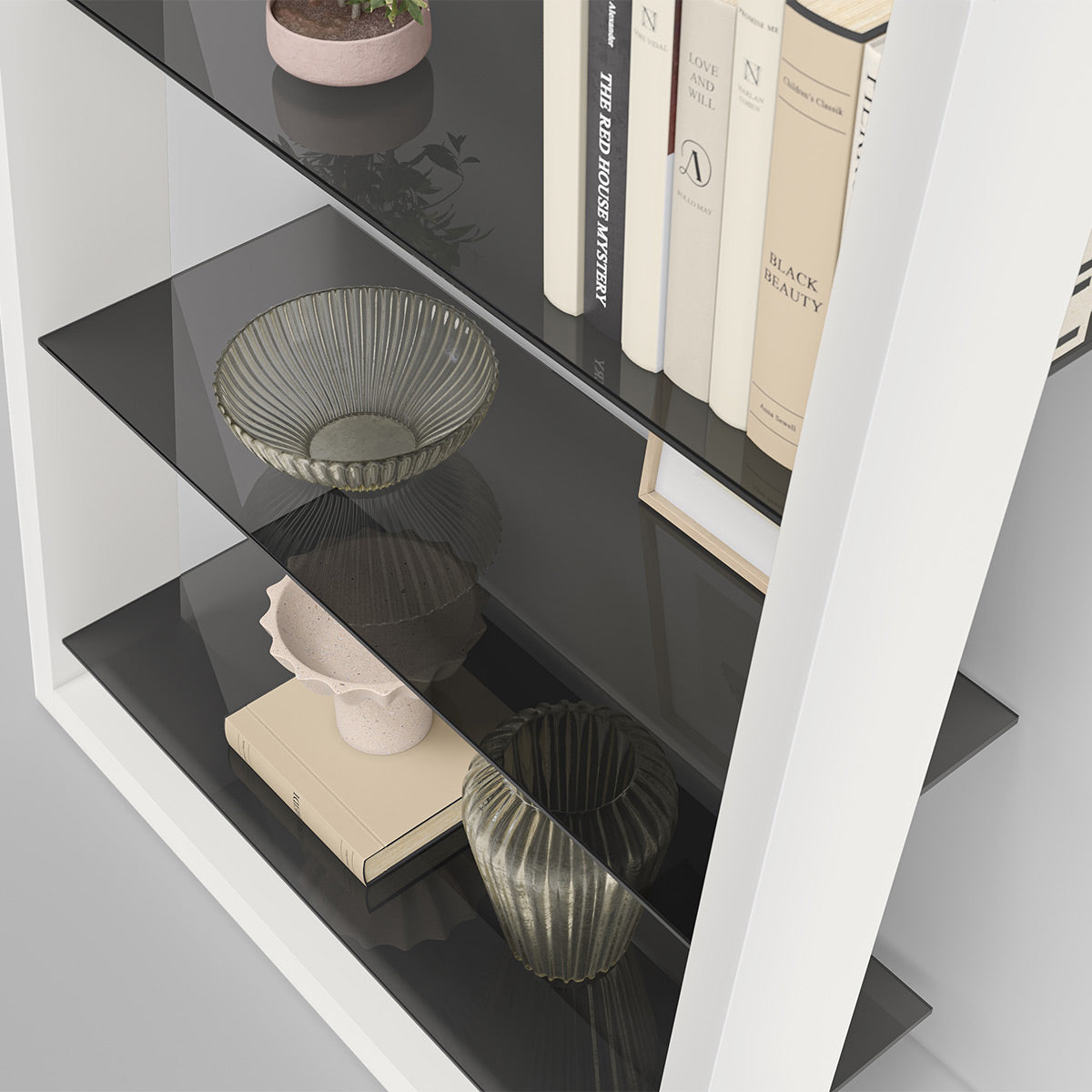 BDI Eileen 2.0 5166 Leaning Shelf with Grey-Tinted Glass Shelves (Satin White)