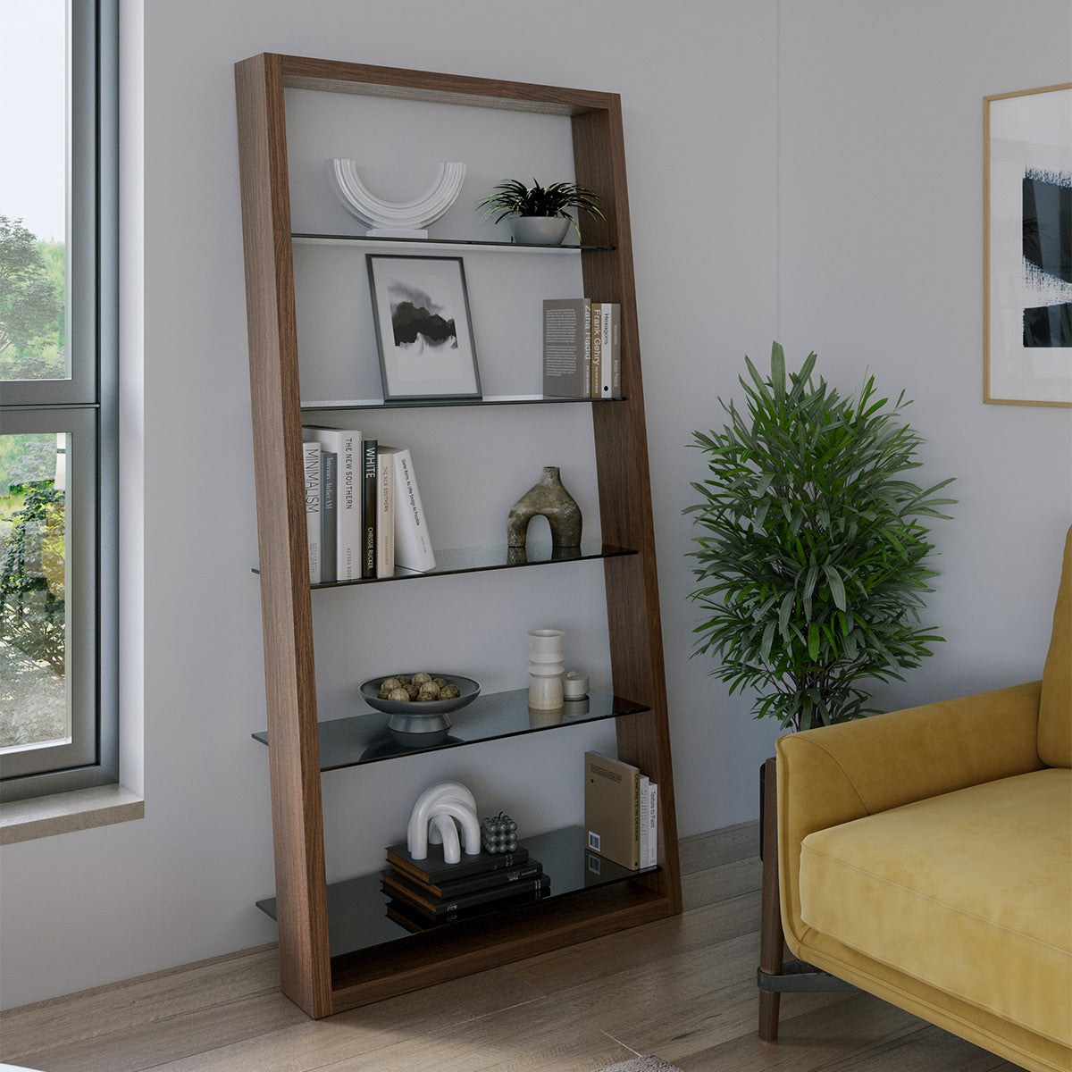 BDI Eileen 2.0 5166 Leaning Shelf with Grey-Tinted Glass Shelves (Natural Walnut)