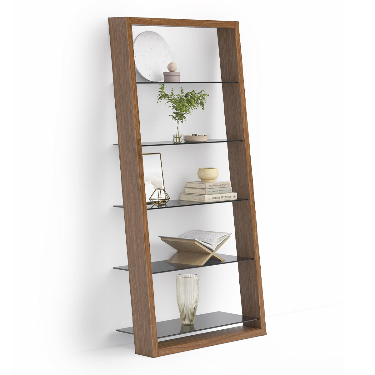 BDI Eileen 2.0 5166 Leaning Shelf with Grey-Tinted Glass Shelves (Natural Walnut)