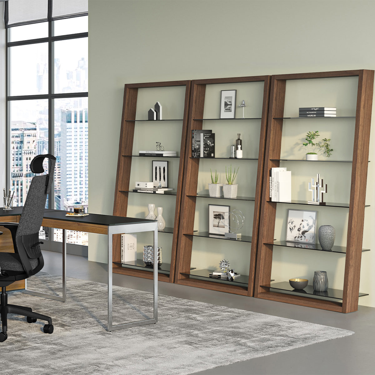 BDI Eileen 2.0 5166 Leaning Shelf with Grey-Tinted Glass Shelves (Natural Walnut)