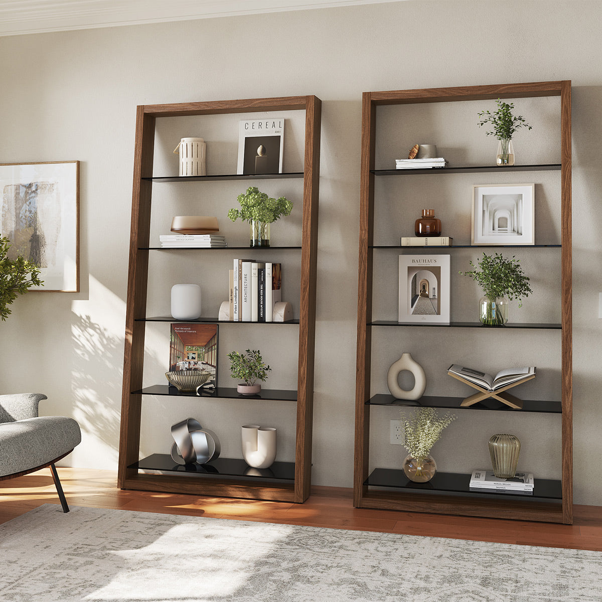 BDI Eileen 2.0 5166 Leaning Shelf with Grey-Tinted Glass Shelves (Natural Walnut)